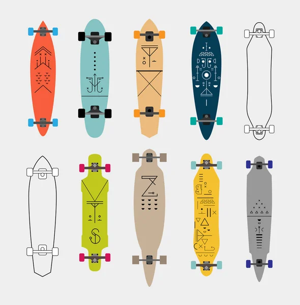 Collection of various shaped skateboards and longboards — Stock Vector