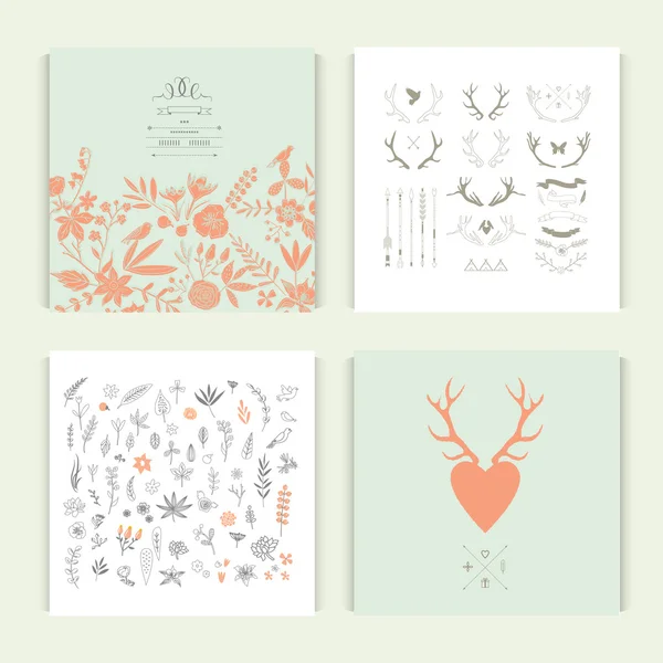 Patterns with antlers and vegetative elements — Stock Vector