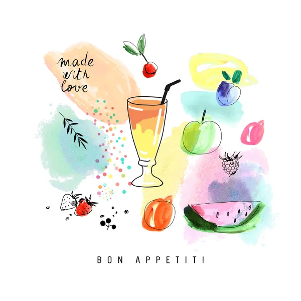 Arte aquarela com smoothie, bagas e frutas —  Vetores de Stock