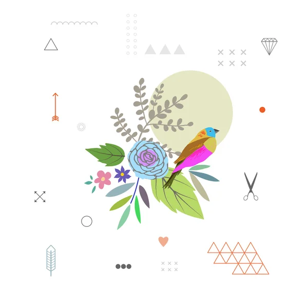 Décor doux avec des fleurs et des oiseaux — Image vectorielle