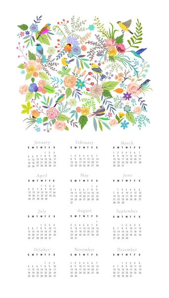 Calendario 2015 con flores y pájaros — Vector de stock