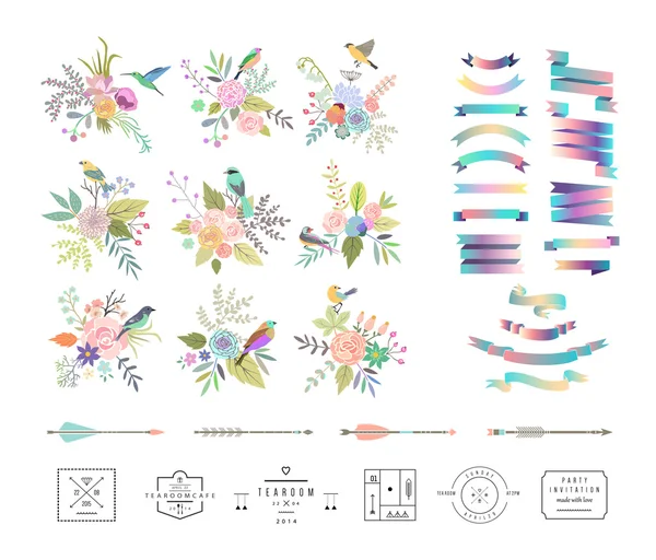 Eléments floraux vintage dessinés main — Image vectorielle