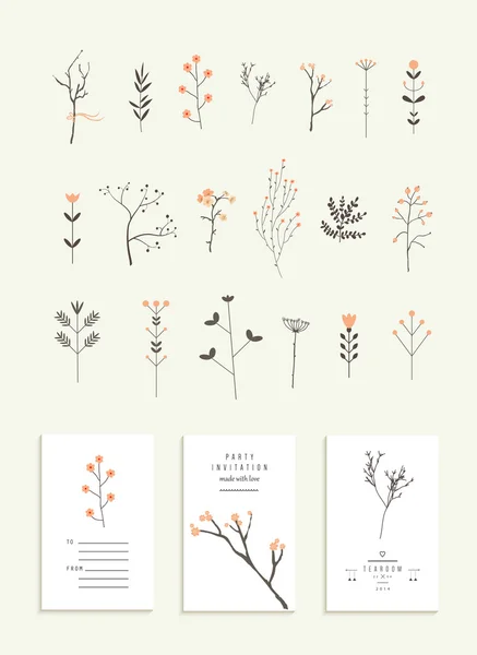 Collection de branches et fleurs avec 3 invitations romantiques — Image vectorielle