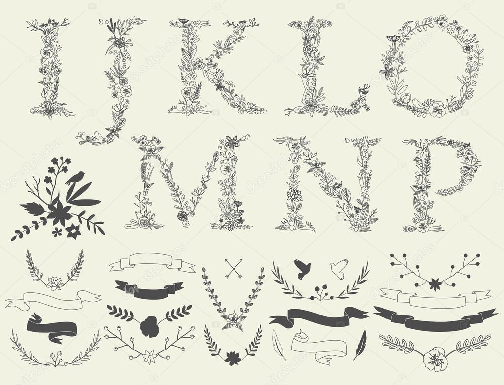 Floral elements of vintage alphabet