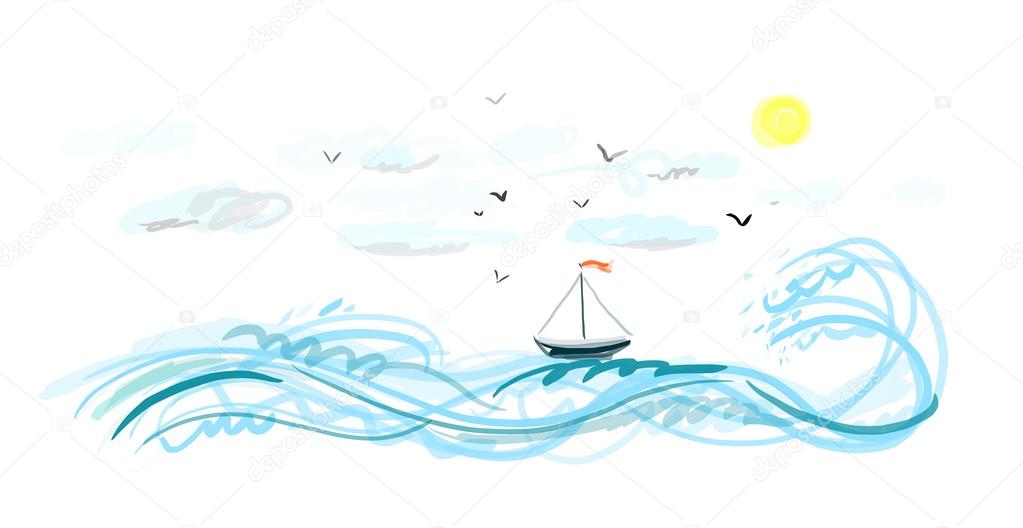 Sketch of a fishing boat in the sea