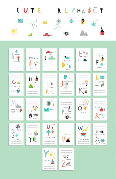 Cute alphabet . Vocabulary cards — Stock Vector