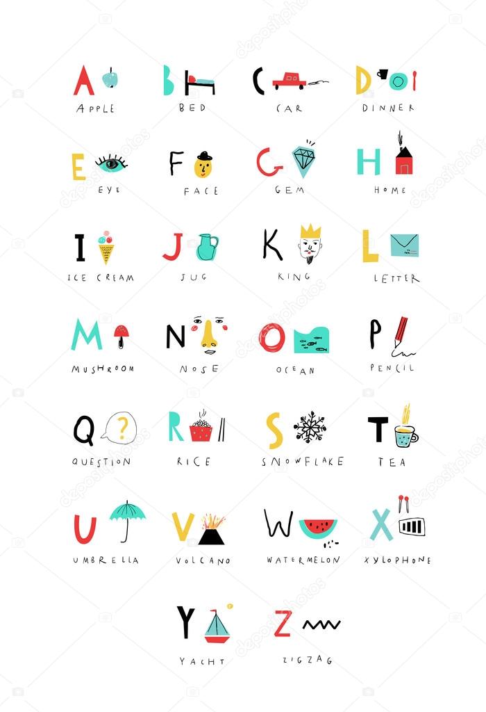Cute alphabet. Letters and words.
