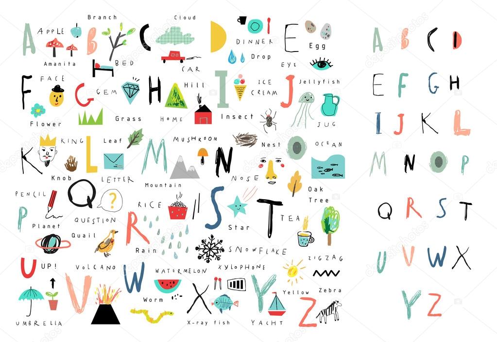 Cute alphabet. Letters and words.
