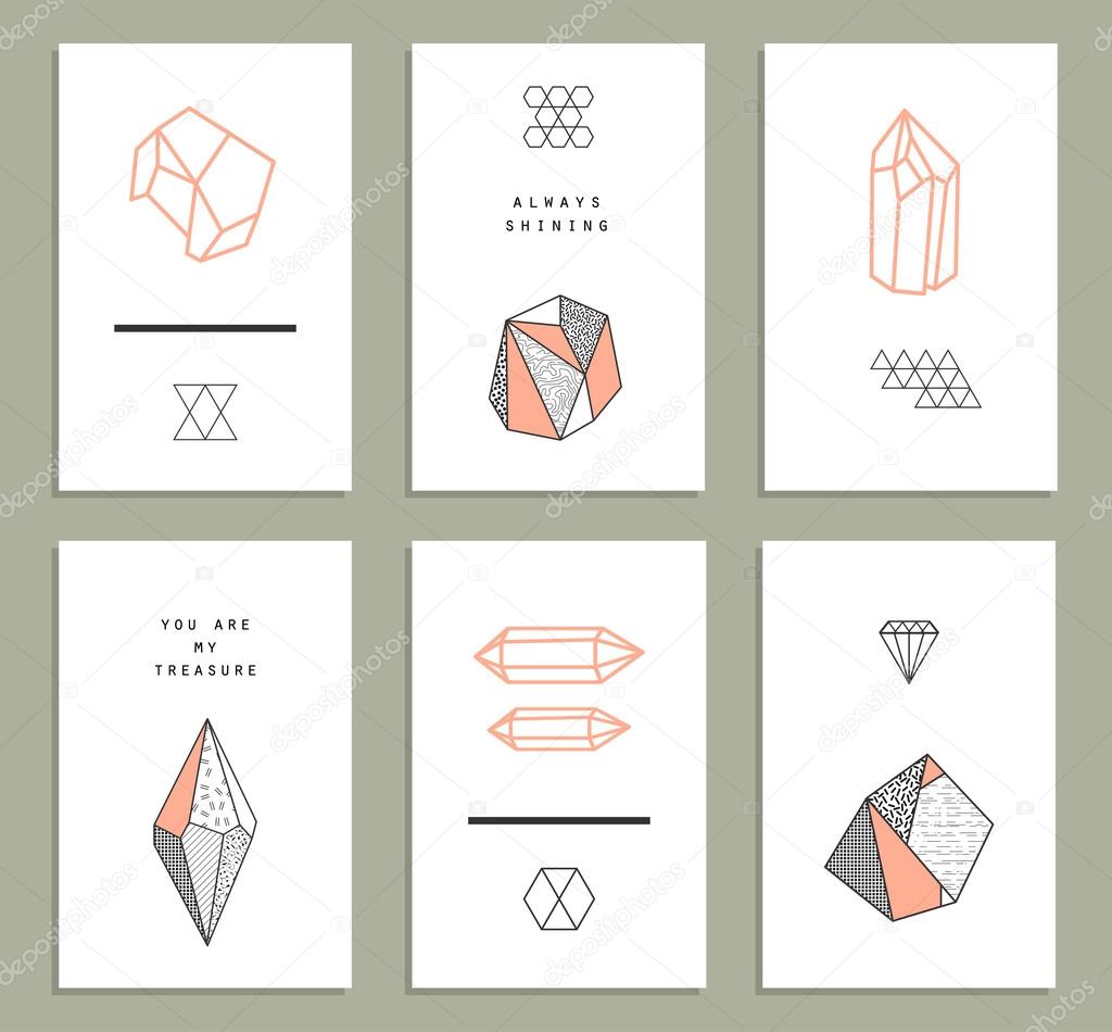 Set of cards with crystals. Geometric shapes. Trendy hipster retro backgrounds