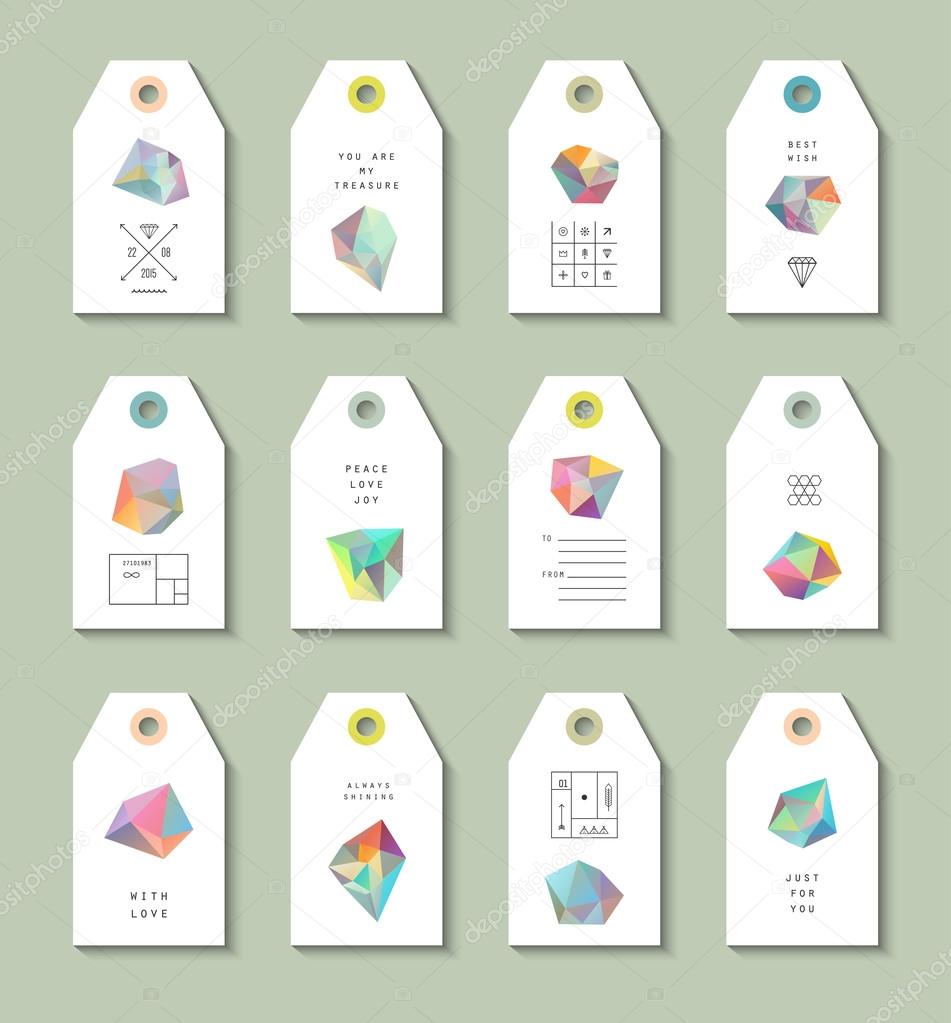 Collection of 12 Hang Tags with crystals in polygon style,  geometric shapes