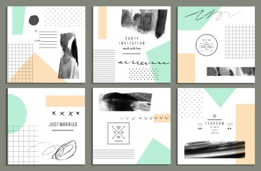 Collection of trendy cards with geometric shapes, hand made textures