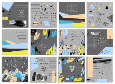 Collection of trendy cards with geometric shapes, hand made textures
