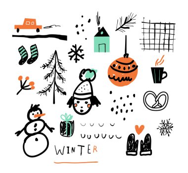 Hand drawn vector illustration set of winter doodles elements