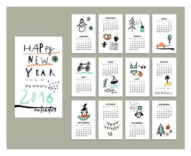 Calendar 2016. Templates with cute and funny hand drawn elements