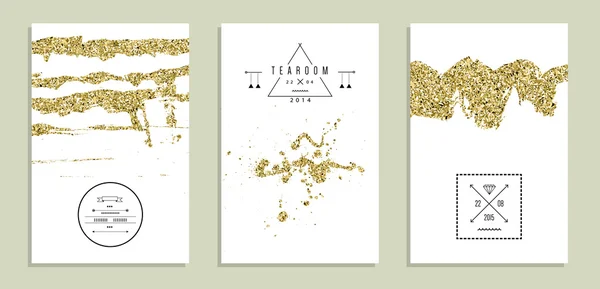 Set of trendy invitations with gold glitter texture. Wedding — Stock Vector