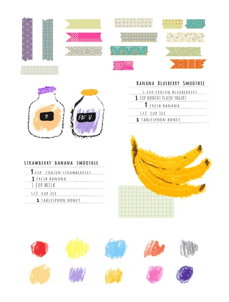 Healthy fresh smoothies recipes plus Collection of Cute Patterned Washi Tape Stripes and colored brush strokes of pastel. Cute hand drawn illustration made with real oil pastel. Isolated — Stock Vector