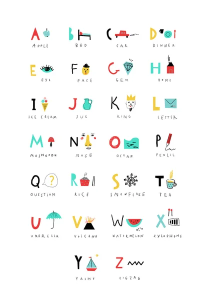 Joli alphabet. Lettres et mots. Apprends à lire. Isolé . — Image vectorielle