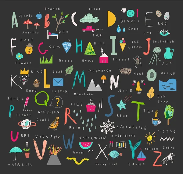 Schattig alfabet. Letters en woorden. Leren om te lezen. Geïsoleerd. — Stockvector