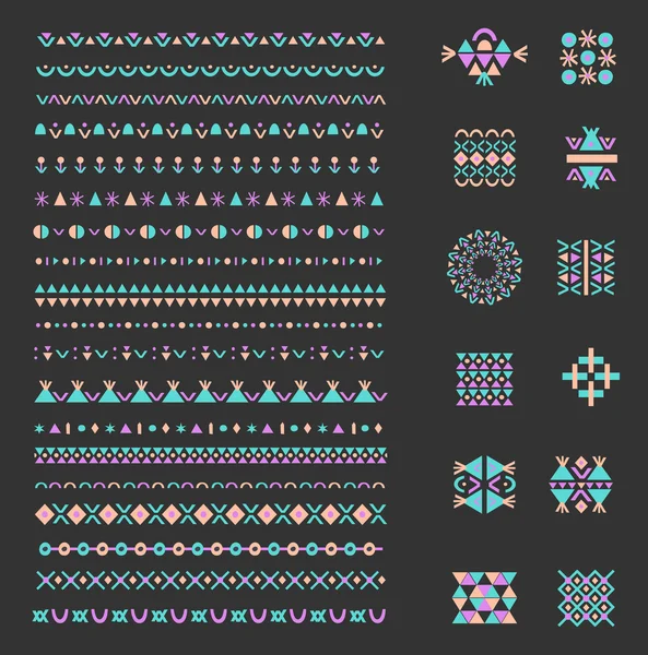 Ensemble ethnique de brosses à motifs plus des éléments de décoration. Isolé — Image vectorielle