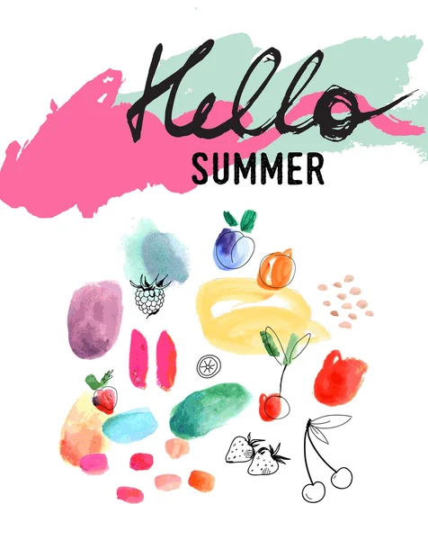 Manifesto creativo Hello Summer. Arte acquerello . — Vettoriale Stock