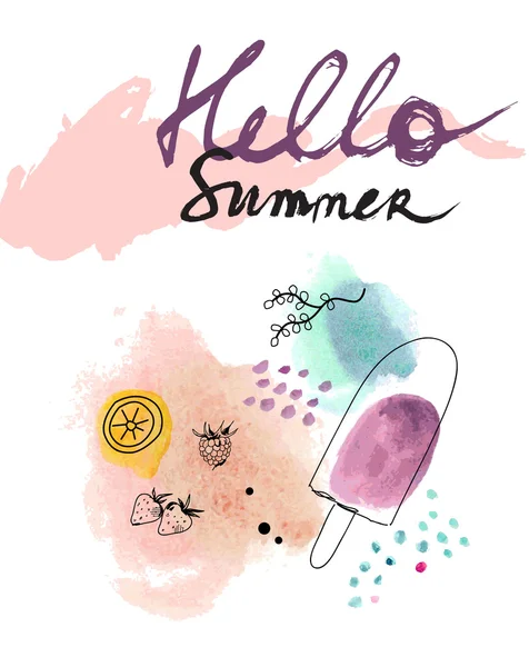 Креативный постер Hello Summer. Акварель . — стоковый вектор