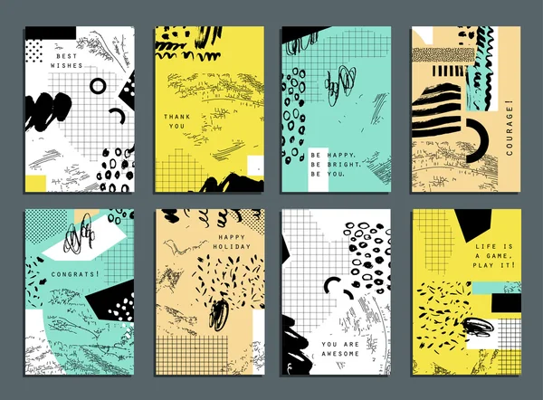 Collection of trendy cards with geometric shapes, hand made textures — Stockvector