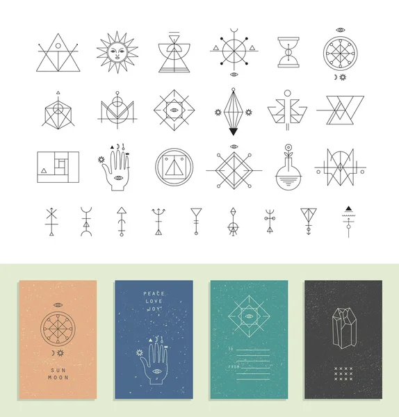 Conjunto de tarjetas de moda vectorial con iconos geométricos. Colección de símbolos de alquimia . — Vector de stock