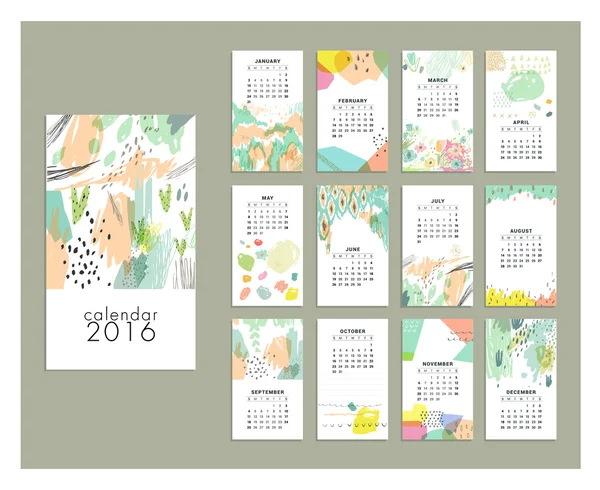 Calendrier 2016. Modèles avec textures dessinées à la main — Image vectorielle