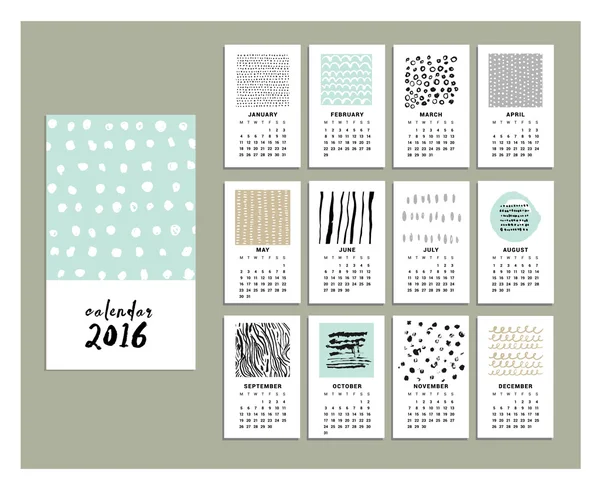 Calendar 2016 with hand drawn patterns made by ink — Stock Vector