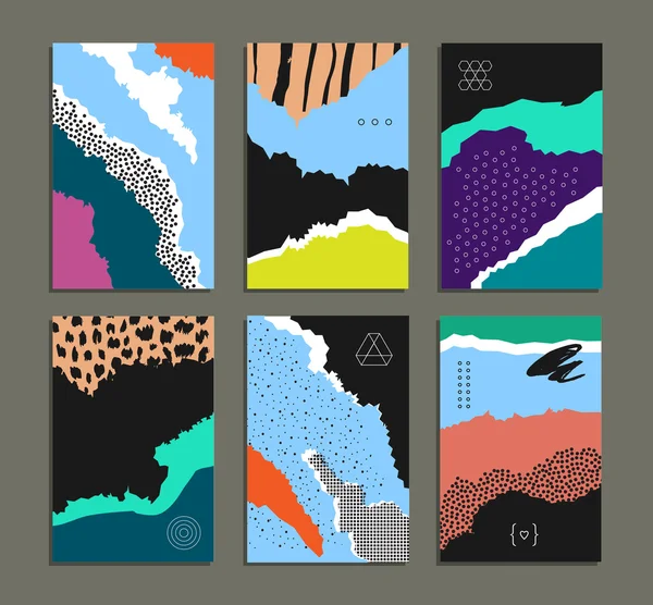 Sammlung künstlerischer Karten mit abstrakten Formen und handgefertigten Texturen. — Stockvektor