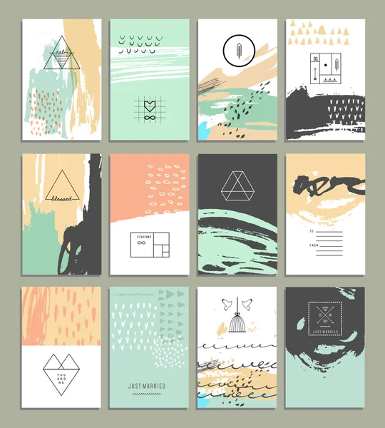 Collection of trendy cards with geometric shapes, hand made textures made by ink — 스톡 벡터