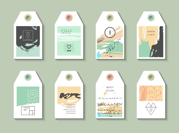 Collection of trendy cards with geometric shapes, hand made textures made by ink — ストックベクタ
