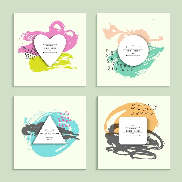 Collection of trendy cards with geometric shapes, hand made textures — Διανυσματικό Αρχείο