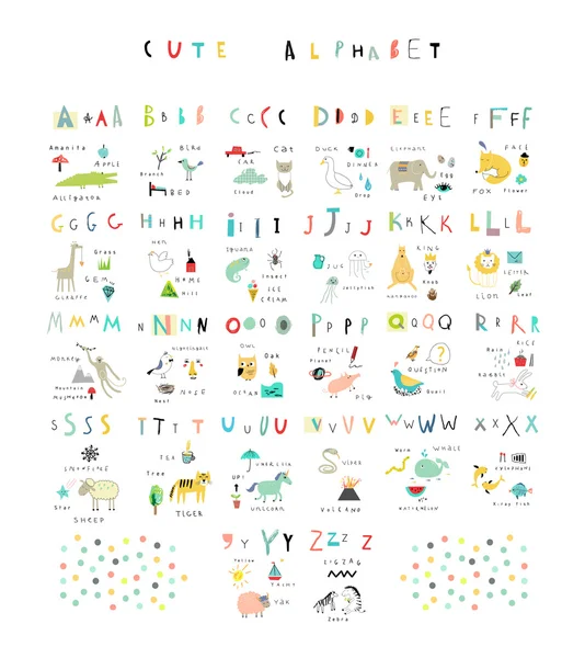 Cute alphabet. Letters and words. Flora, fauna, animals. Stock Illustration
