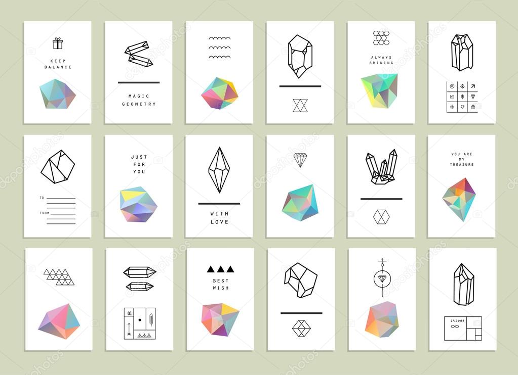 Collection of creative cards. Set of crystals in polygon style