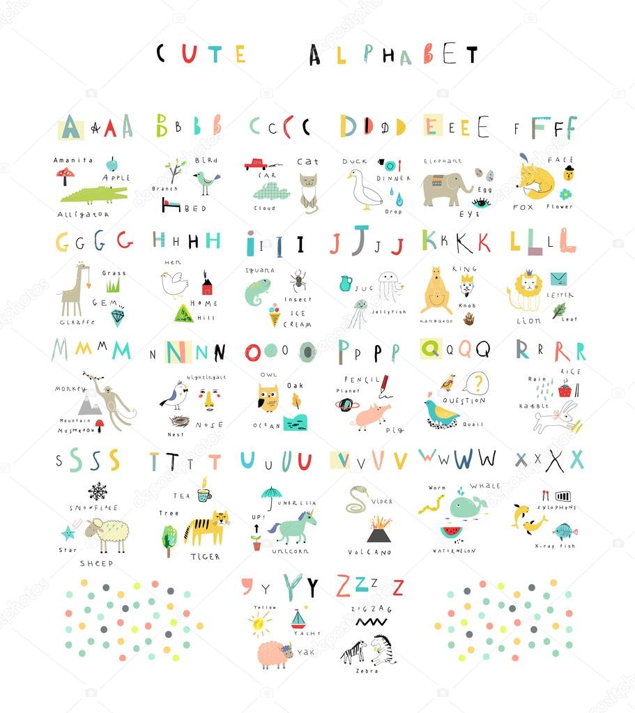 Cute alphabet. Letters and words. Flora, fauna, animals.