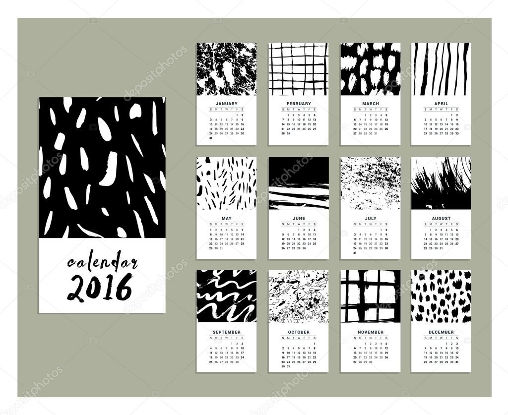 Calendar 2016. Templates with Hand Drawn textures