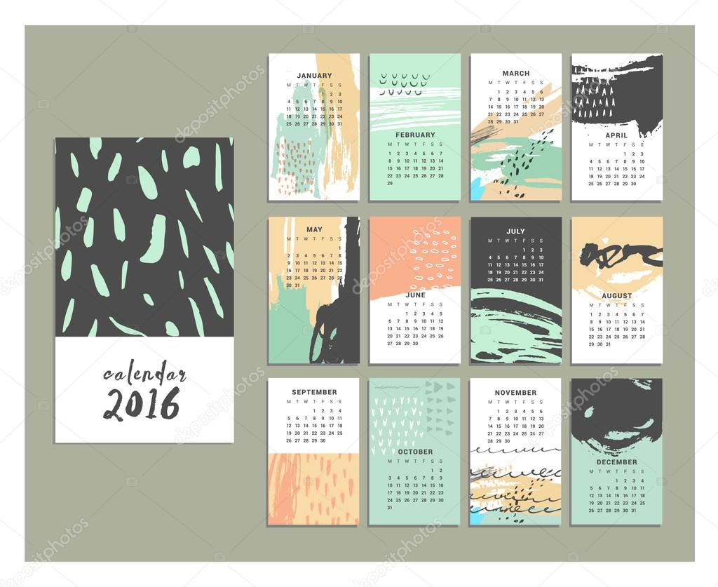 Calendar 2016. Templates with Hand Drawn textures made with ink. Vector. Isolated.