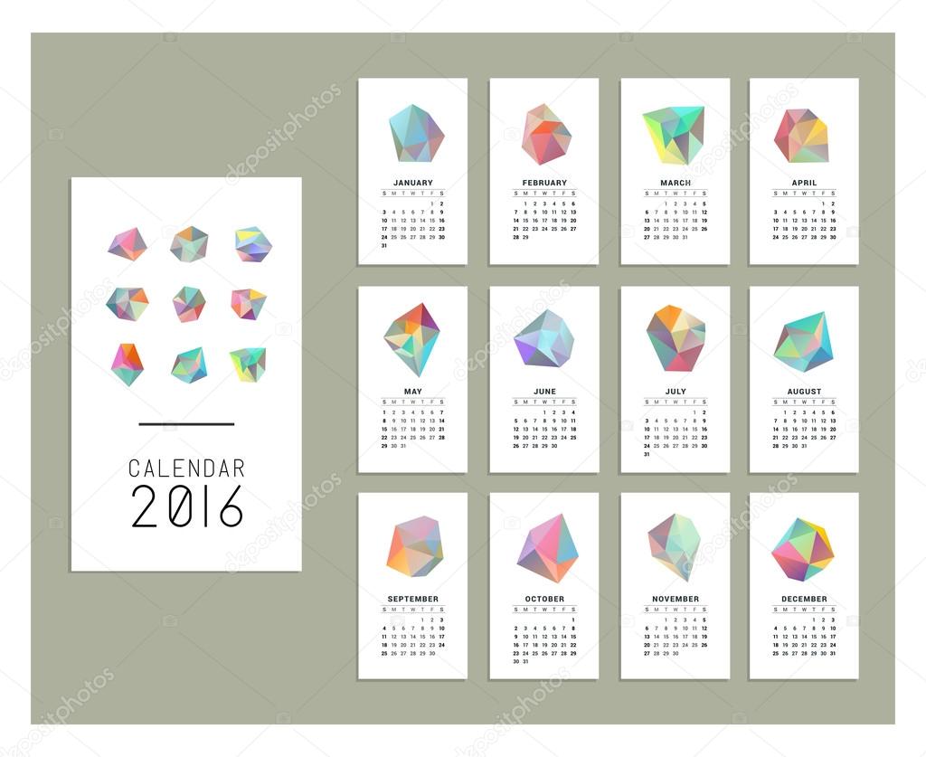 Calendar 2016. Templates with  geometric crystals.