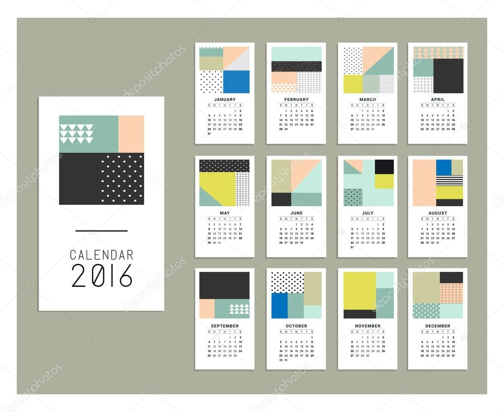 Calendar 2016. Templates with trendy geometric patterns and colors. Gradients free. Isolated