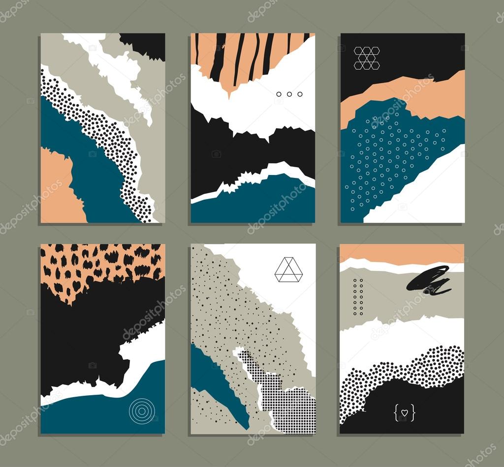 Collection of artistic cards with abstract shapes and hand made textures.