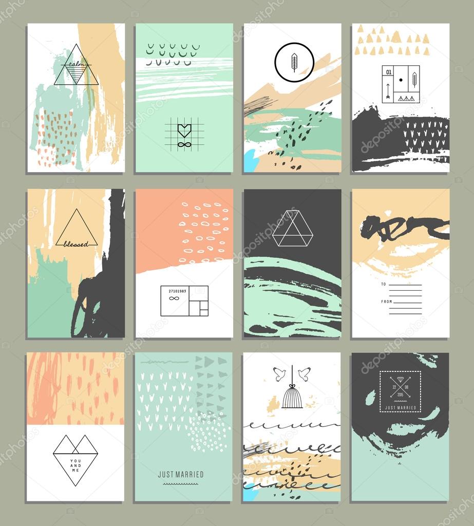 Collection of trendy cards with geometric shapes, hand made textures made by ink