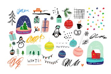 Merry Christmas and Happy New Year decorative set.