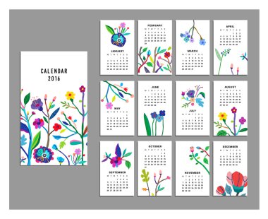 Takvim 2016. Kesme yaprak ve çiçek ile şablonları