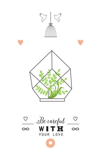 Stylish romantic invitation with terrarium and flowers. — Stockvector