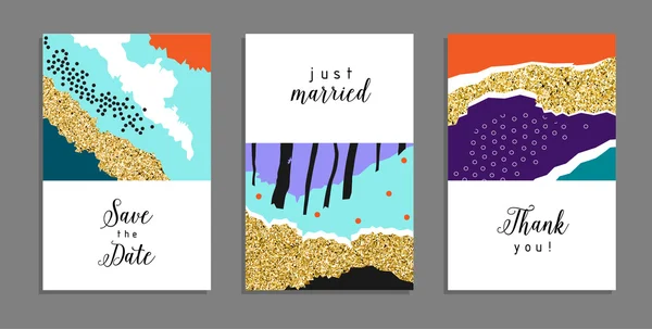Set of trendy invitations with gold glitter texture. — Διανυσματικό Αρχείο