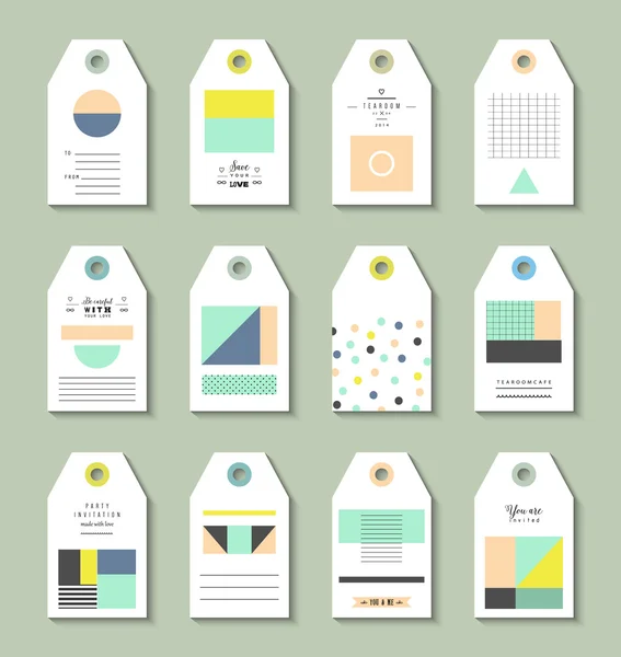 Collection of 12 Hang Tags. Trendy geometric patterns and colors — Wektor stockowy