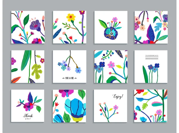 Collectie van ongebruikelijke kaarten met papier afgesneden bloemen, bloesems. — Stockvector