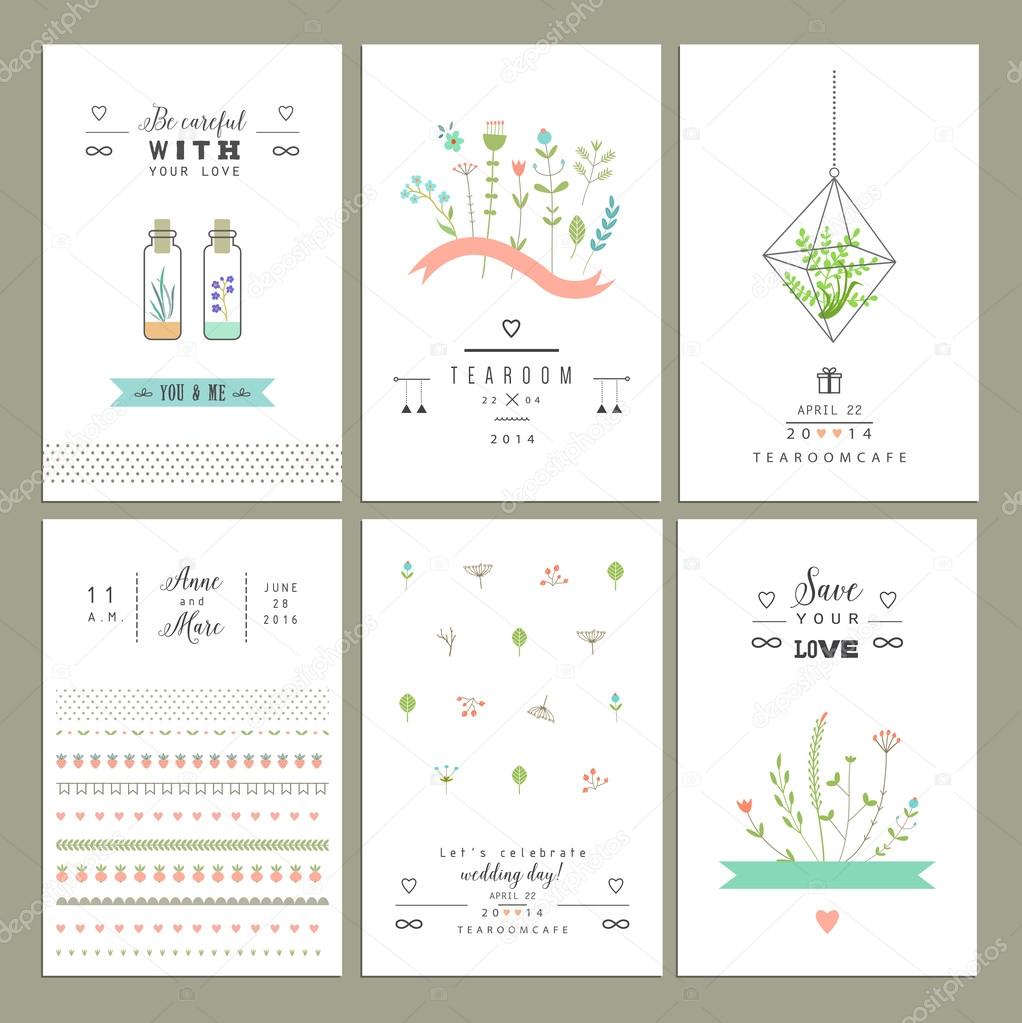 Hand drawn collection of romantic trendy invitations.