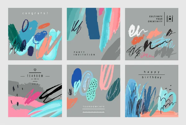 Conjunto de tarjetas artísticas creativas universales. Texturas dibujadas a mano. — Vector de stock